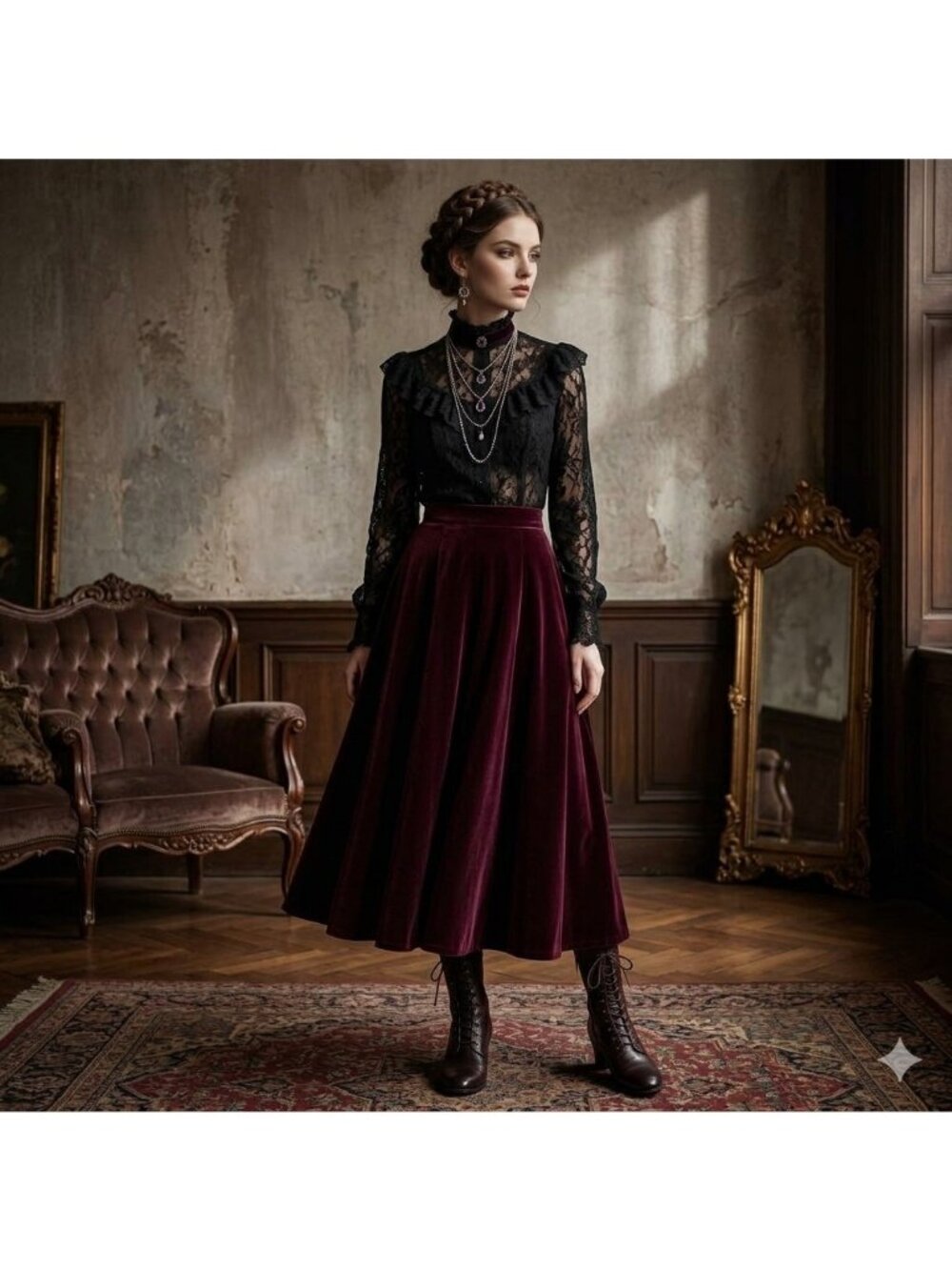 Vintage Sero Burgundy Velvet Long Skirt‎ A-line Big Swing XS Size 0 Victorian